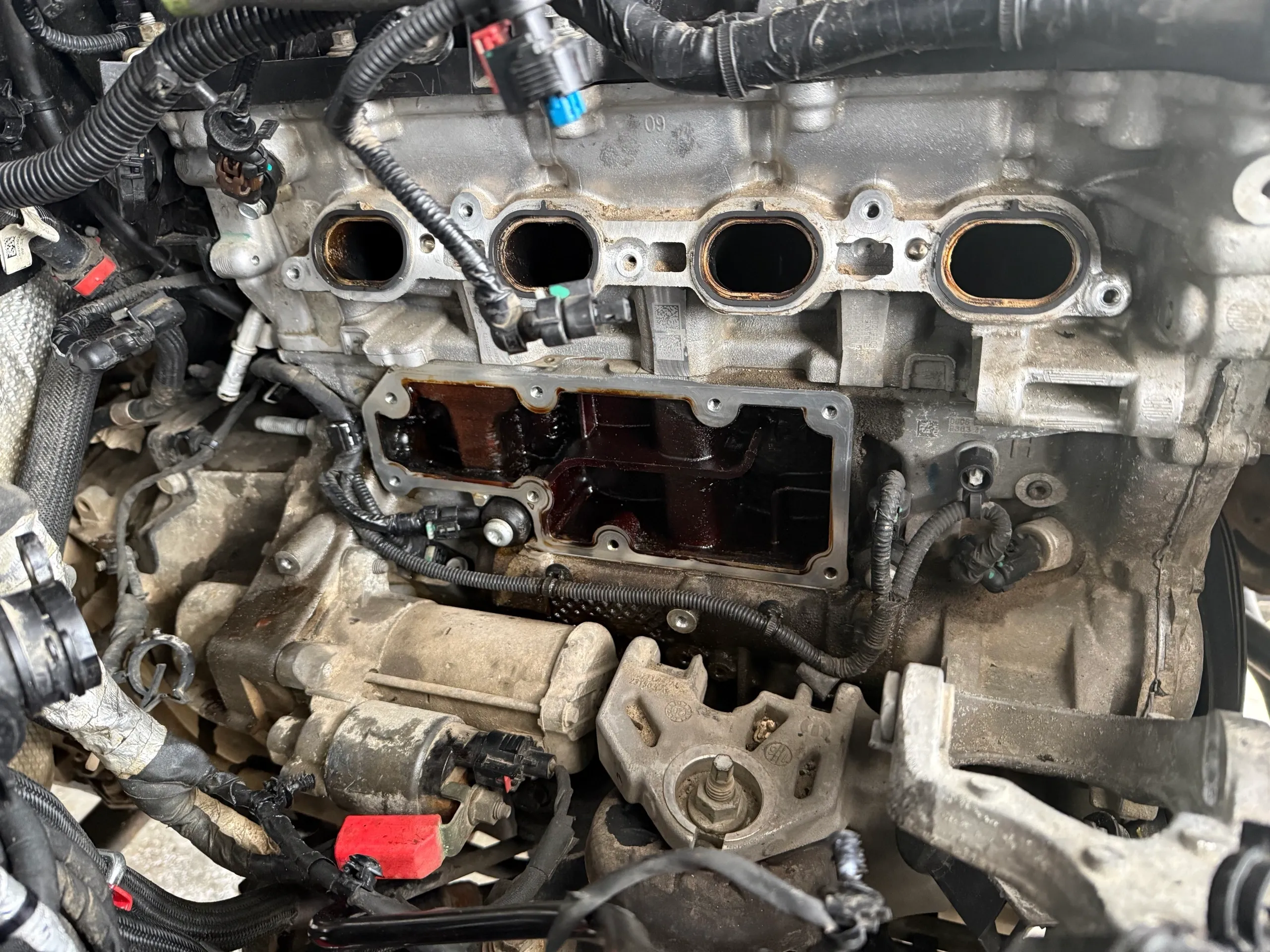 Vehicle engine undergoing repair