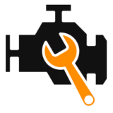 Black engine silhouette, orange wrench