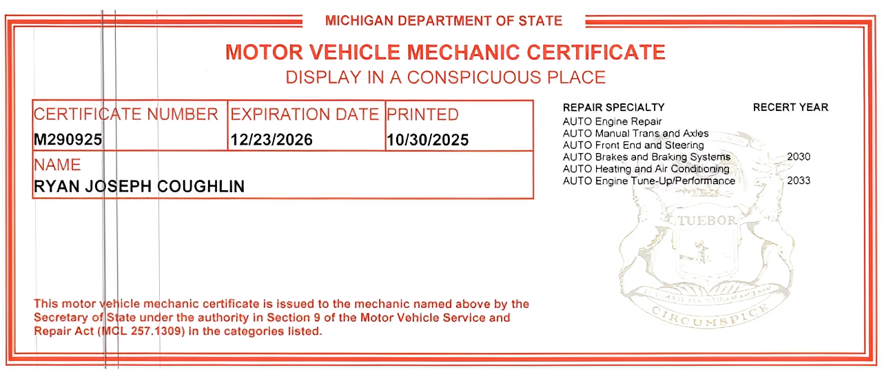Mechanic certificate with repair specialties