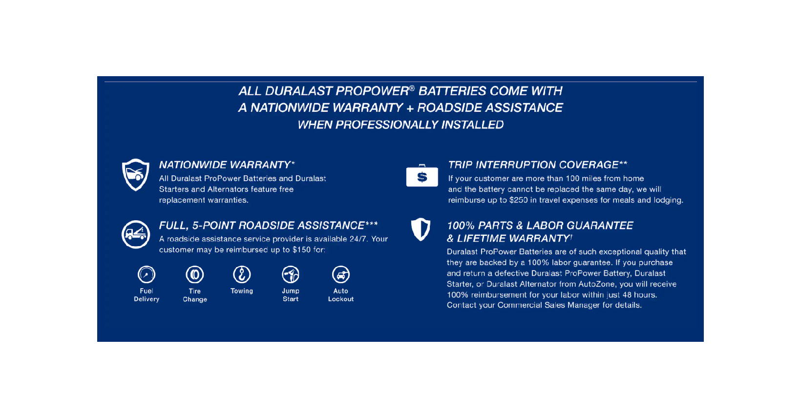 Blue Duralast battery warranty information label